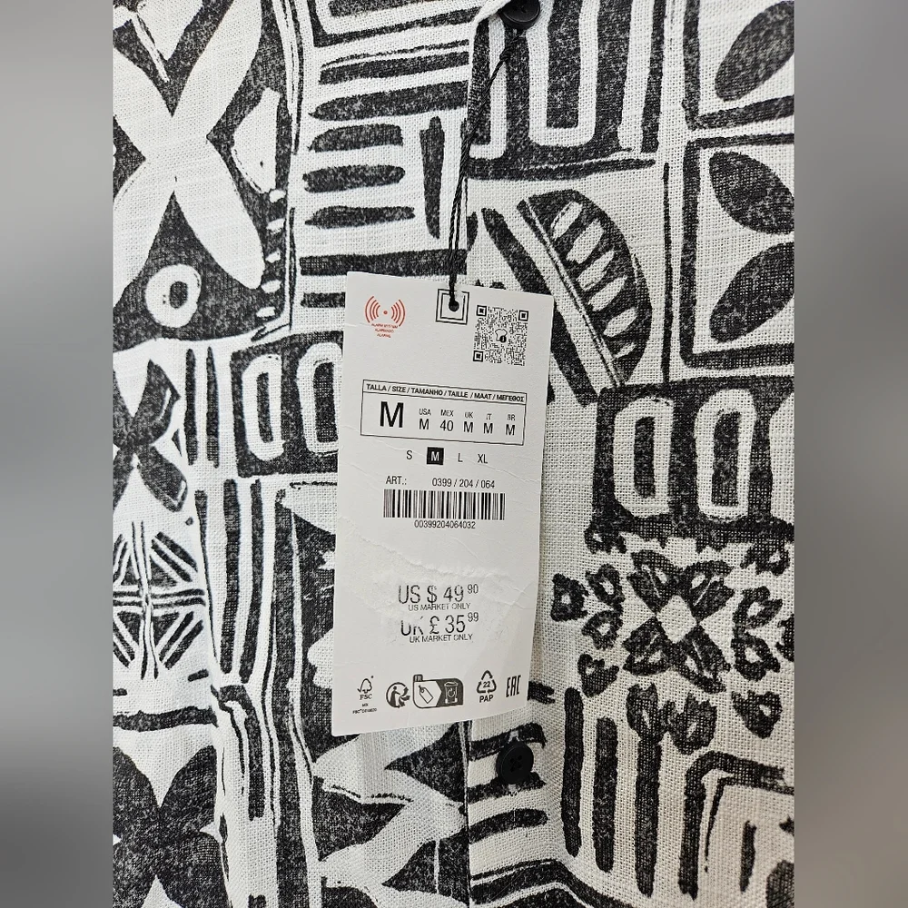 New Zara Men's Geometric Print Shirt Black White 0399/064 - Picture 5 of 9